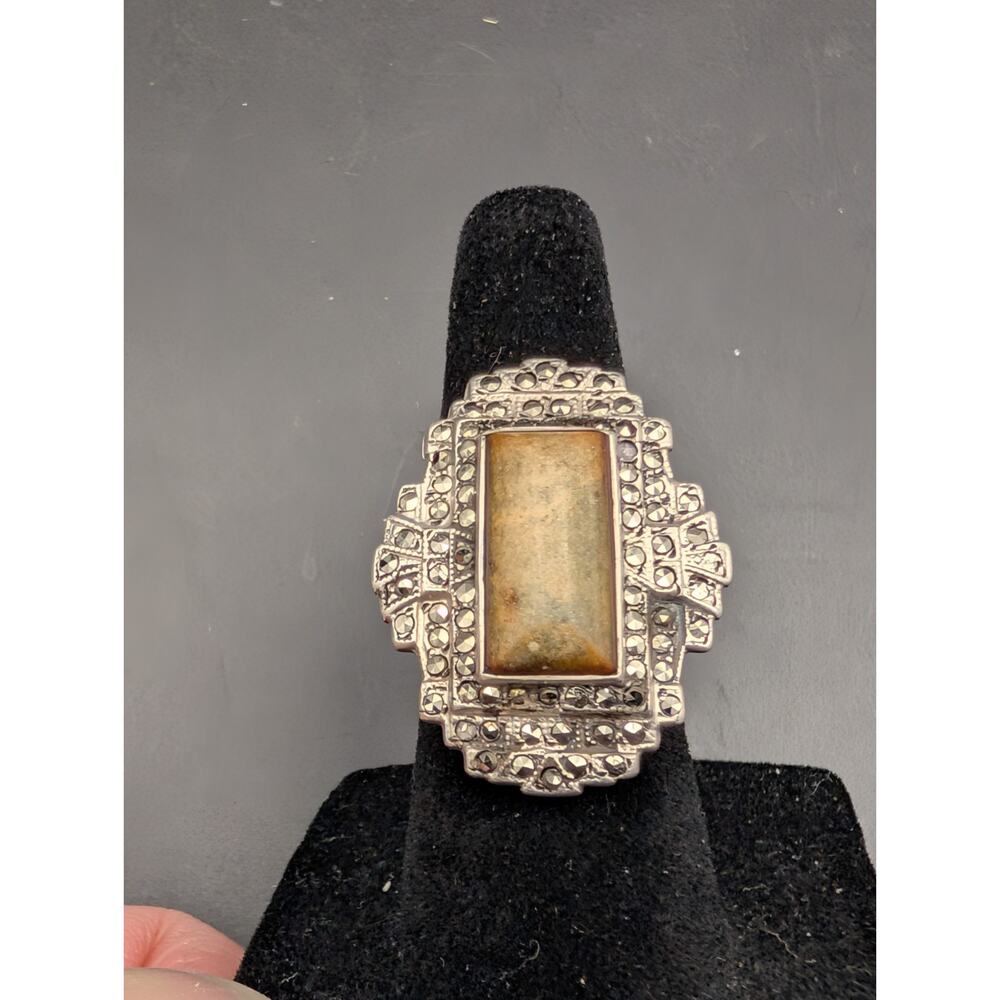 Vintage Art Deco Sterling Silver Marcasite Ring Natural Green Jasper Agate 7.59g